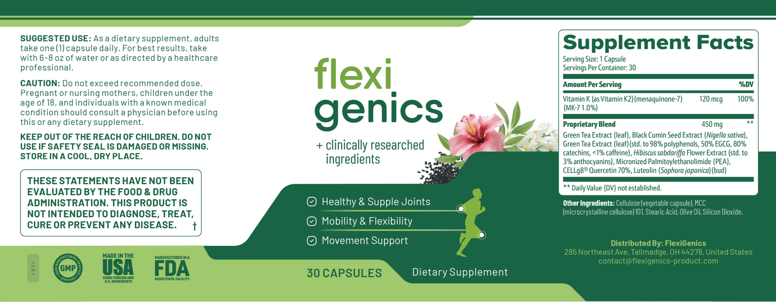 Flexigenics Supplement Facts and product label